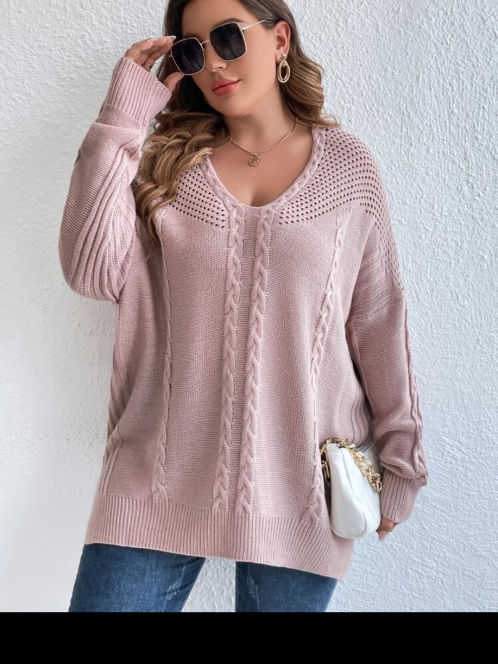 SHEIN Dusty Rose V-Neck Cable Knit Sweater